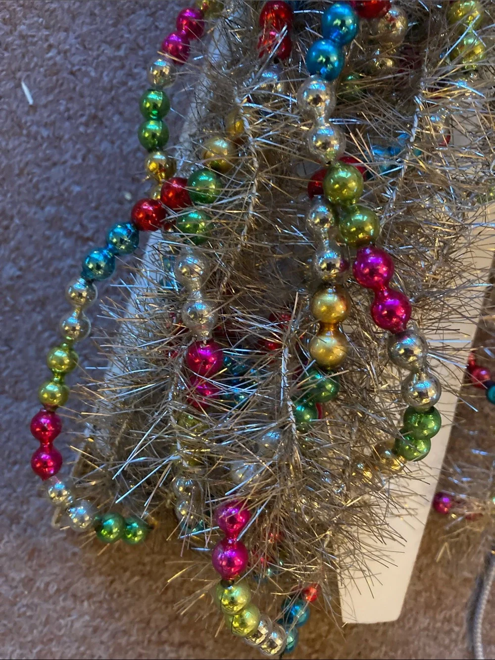 Antique VTG Mercury glass bead & tinsel garland 180” rare!  40s